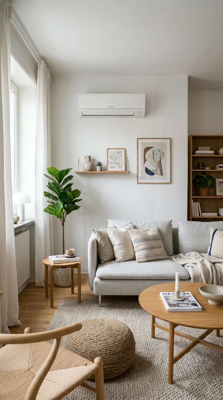 Climatisation murale Mitsubishi installée dans un salon lumineux