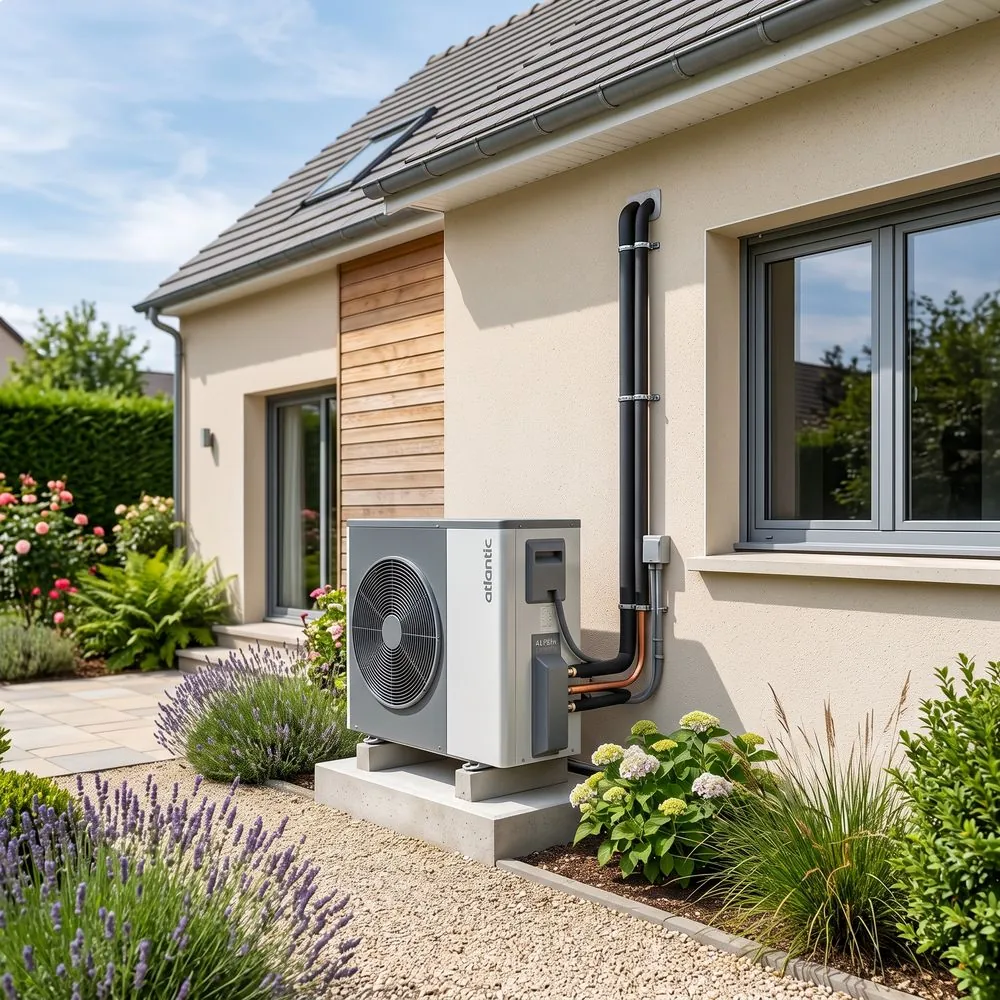 Pompe à chaleur extérieure installée dans un jardin